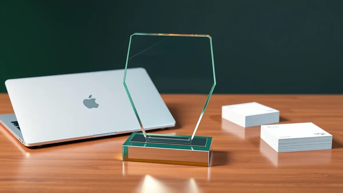 Illustration: A sleek glass award trophy rests on a polished wooden table beside a closed laptop and a stack of blank business cards.
