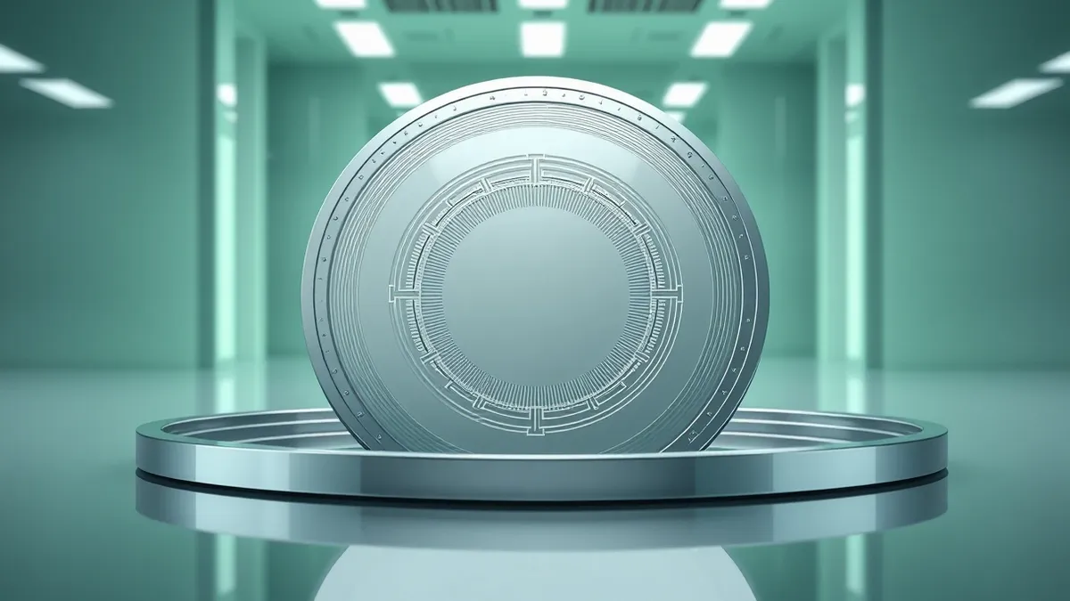 Illustration: A pristine silicon wafer rests on a polished metal tray inside a sterile cleanroom.