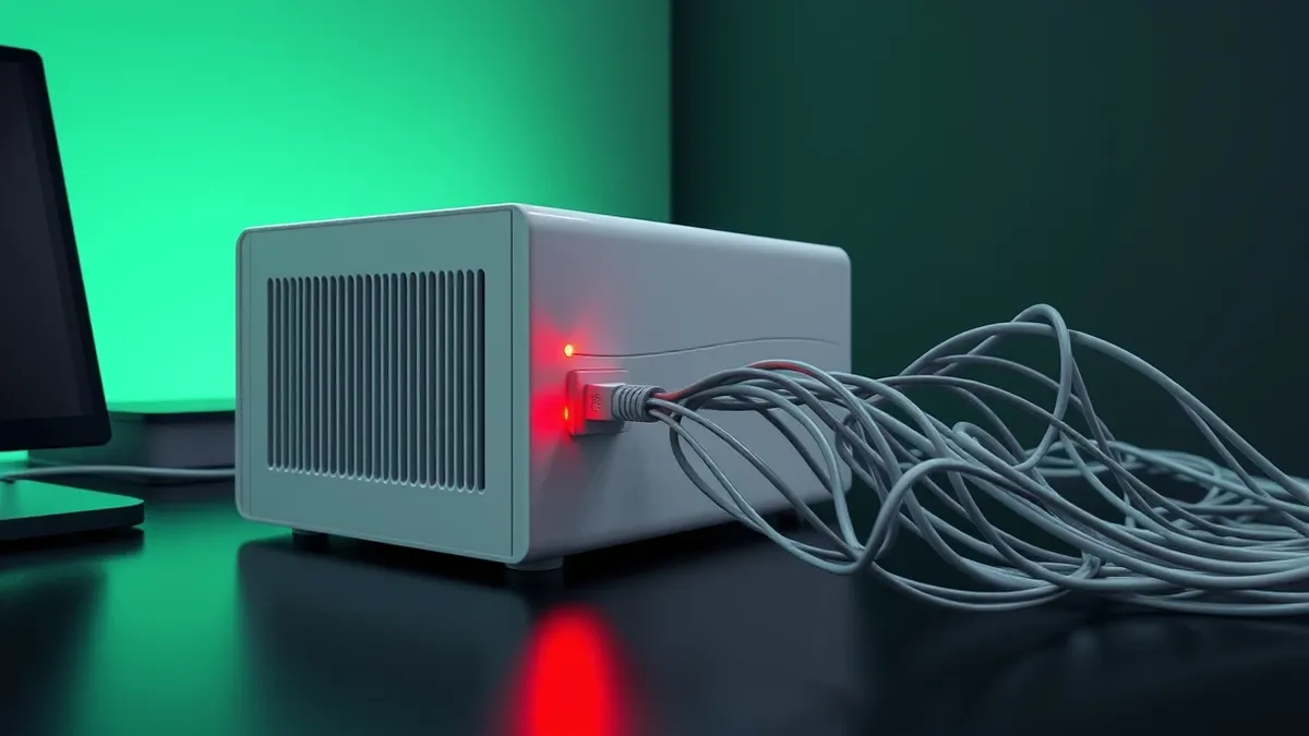 Illustration: A sleek white server node sits on a dark desk, its status lights flickering erratically between steady green and alarming red.