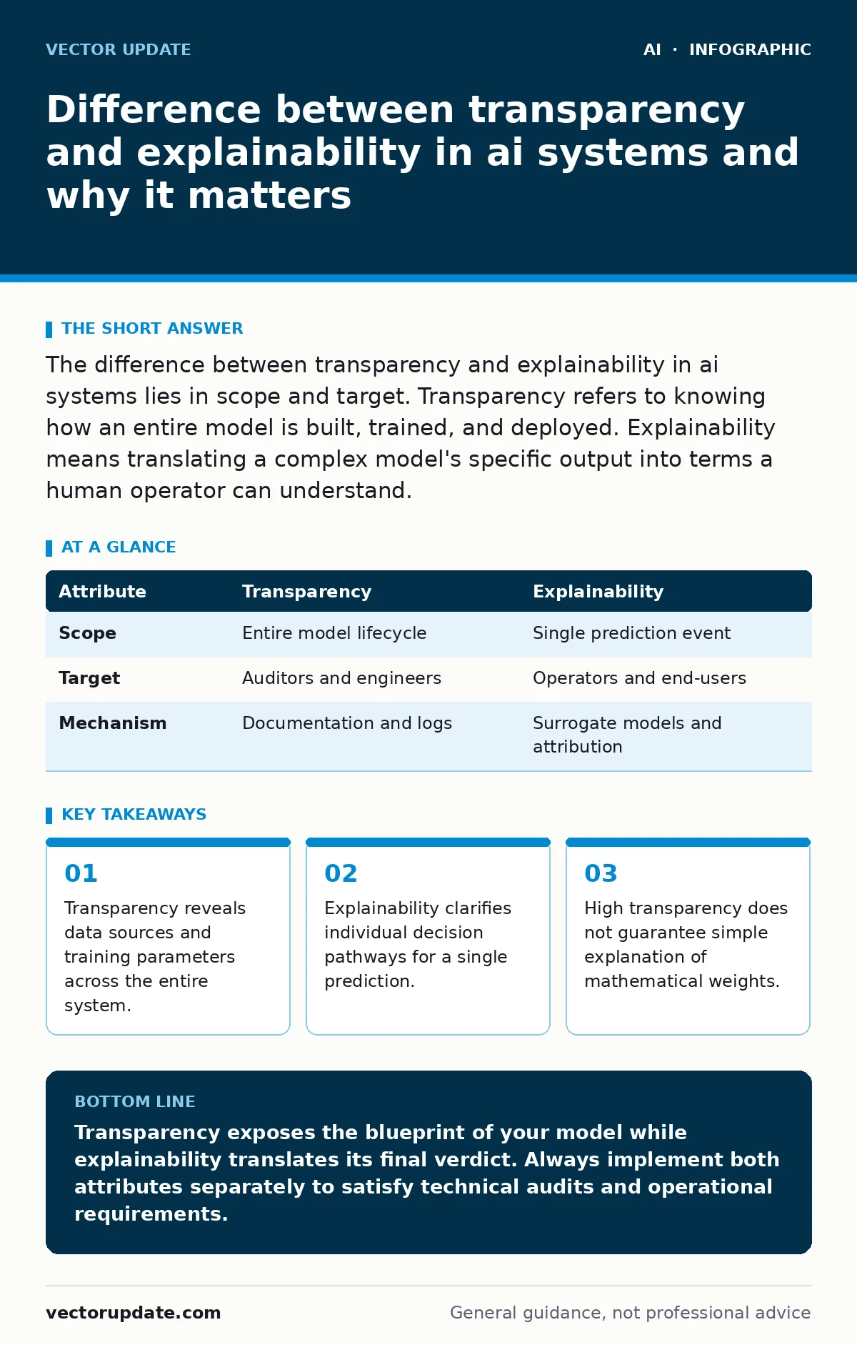 Infographic: Difference between transparency and explainability in ai systems and why it matters. Transparency reveals data sources and training parameters across the entire system. Explainability clarifies individual decision pathways for a single prediction. High transparency does not guarantee si