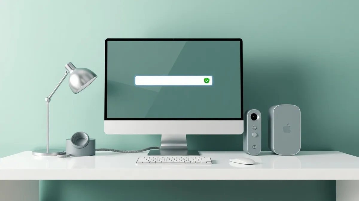 Illustration: A sleek desktop computer sits on a clean white desk, its monitor displaying a web browser with a single blank search field and a subtle progress bar.