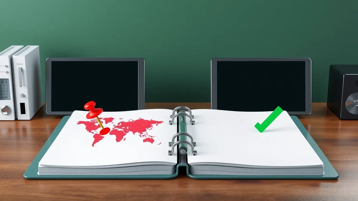 Illustration: A dusty wooden desk holds two open medical record binders with blank pages facing each other.