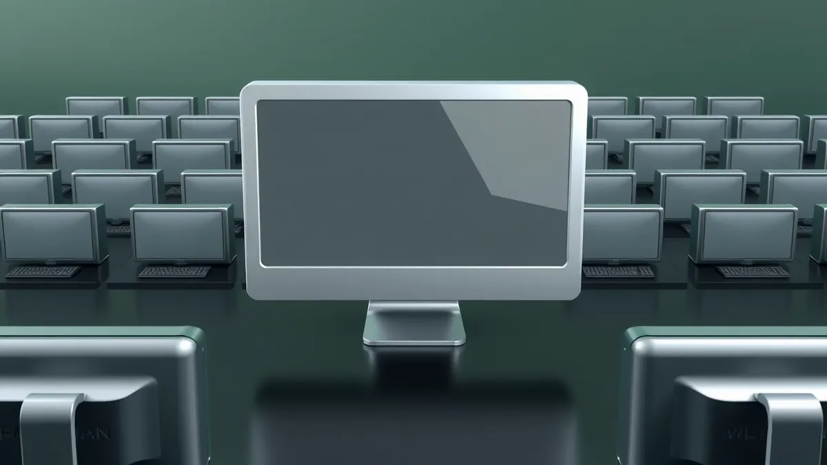 Illustration: A single computer terminal sits isolated on a dark desk, surrounded by a grid of identical inactive workstations.