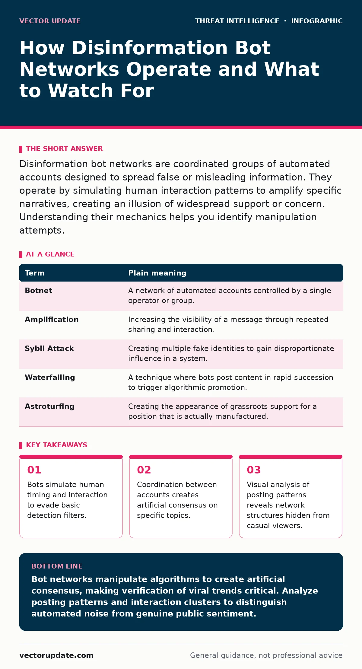 Infographic: How Disinformation Bot Networks Operate and What to Watch For. Bots simulate human timing and interaction to evade basic detection filters. Coordination between accounts creates artificial consensus on specific topics. Visual analysis of posting patterns reveals network structures hidde