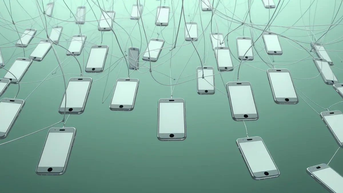 Illustration: A tangled web of thin grey threads connects dozens of identical blank smartphone screens floating in the air.