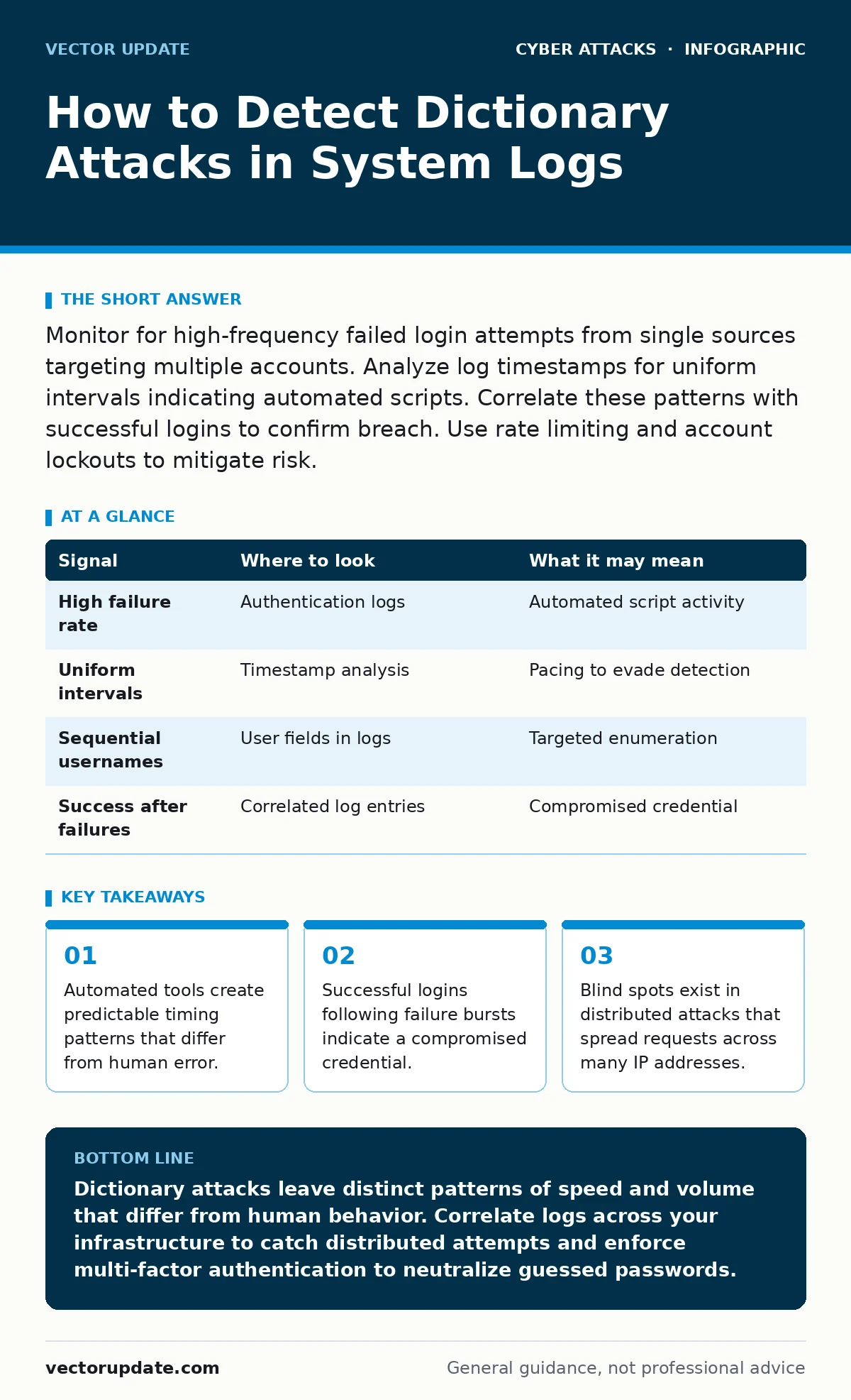 Infographic: How to Detect Dictionary Attacks in System Logs. Automated tools create predictable timing patterns that differ from human error. Successful logins following failure bursts indicate a compromised credential. Blind spots exist in distributed attacks that spread requests across many IP ad