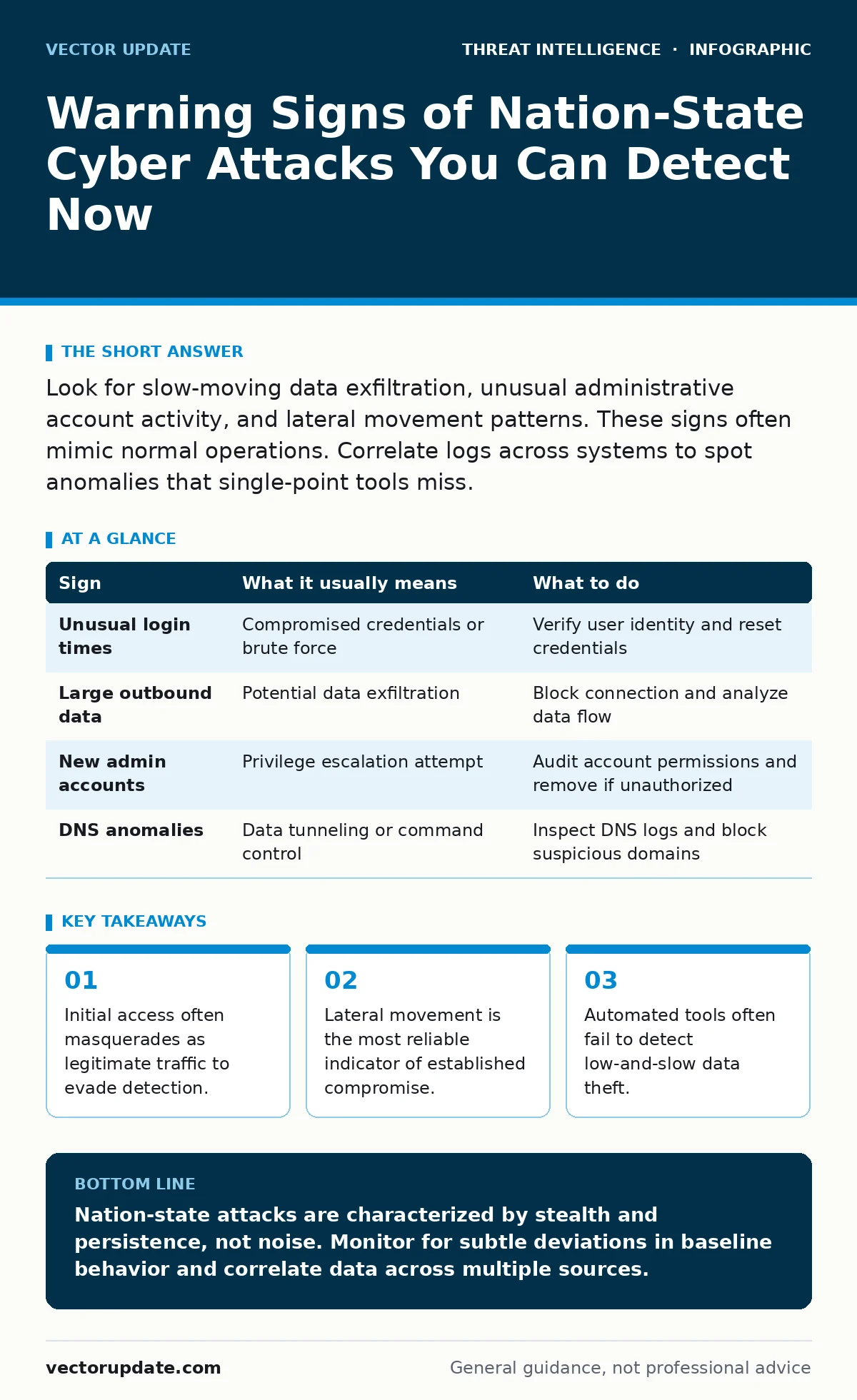 Infographic: Warning Signs of Nation-State Cyber Attacks You Can Detect Now. Initial access often masquerades as legitimate traffic to evade detection. Lateral movement is the most reliable indicator of established compromise. Automated tools often fail to detect low-and-slow data theft.