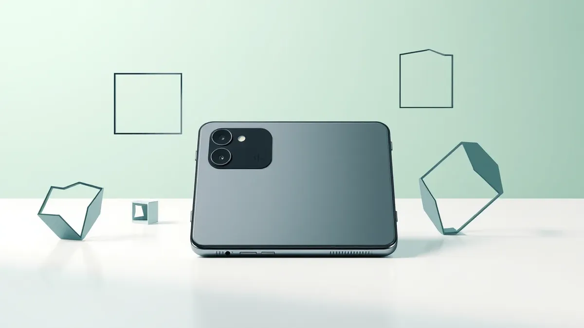 Illustration: A sleek foldable smartphone rests open on a clean white surface.