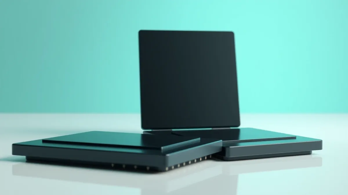 Illustration: Two large black rectangular silicon wafers sit side by side on a clean white laboratory table.