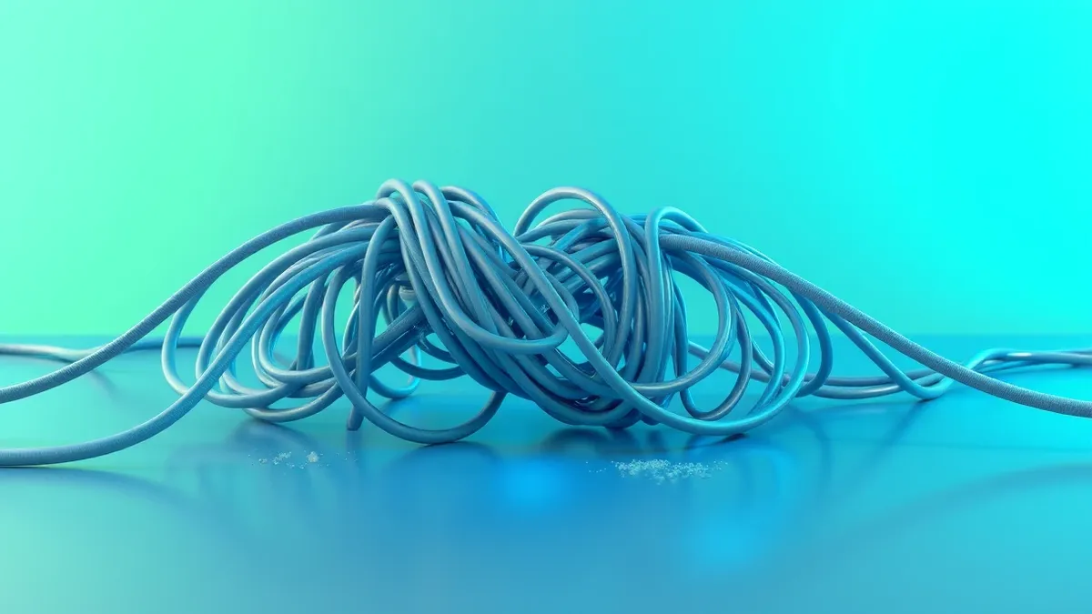 Illustration: A tangled knot of gray cables obstructs a smooth, glowing blue pathway.