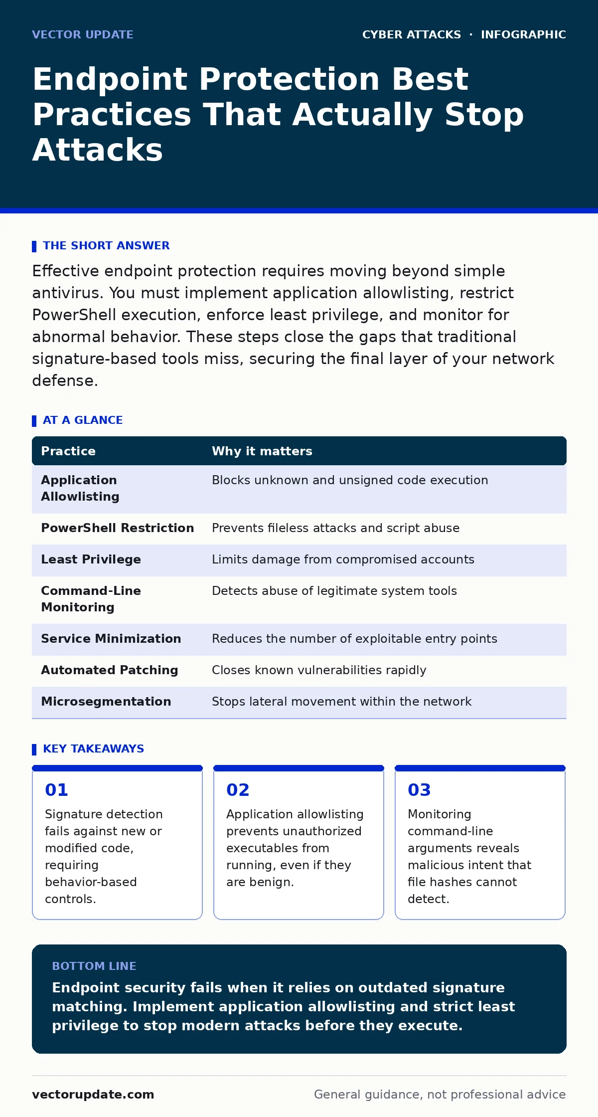Infographic: Endpoint Protection Best Practices That Actually Stop Attacks. Signature detection fails against new or modified code, requiring behavior-based controls. Application allowlisting prevents unauthorized executables from running, even if they are benign. Monitoring command-line arguments r