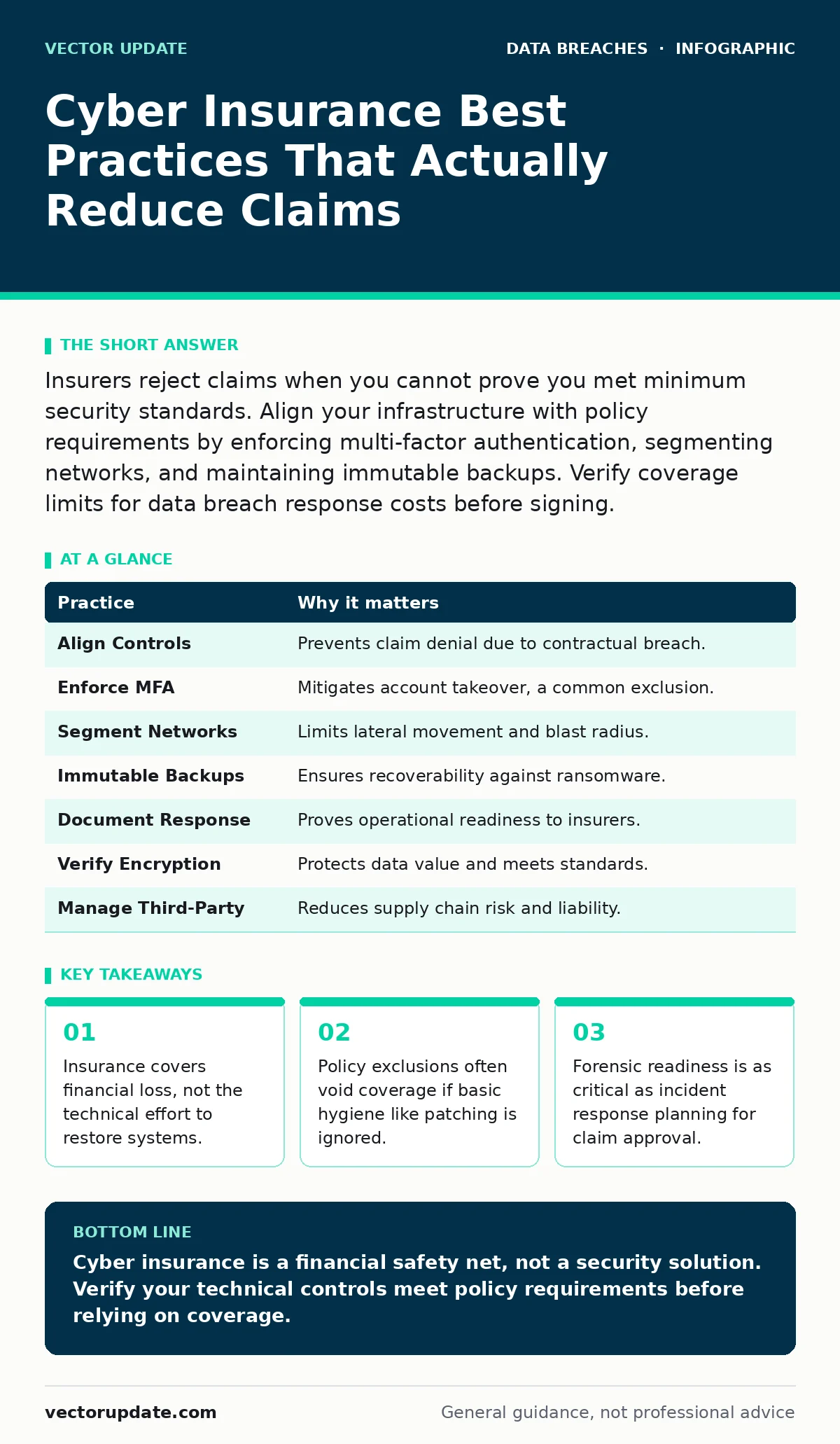 Infographic: Cyber Insurance Best Practices That Actually Reduce Claims. Insurance covers financial loss, not the technical effort to restore systems. Policy exclusions often void coverage if basic hygiene like patching is ignored. Forensic readiness is as critical as incident response planning for