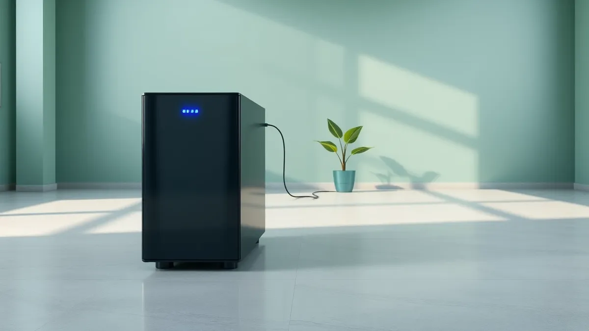 Illustration: A sleek black server tower rests on a polished concrete floor inside a bright minimalist room.