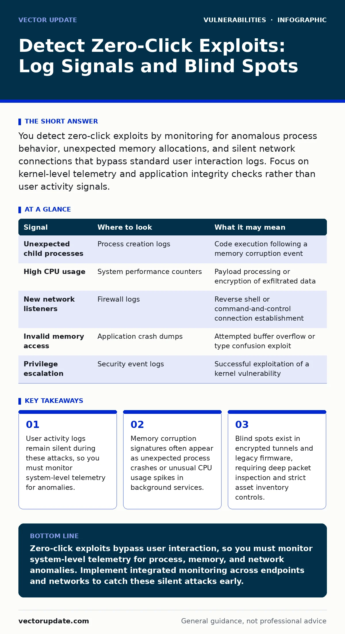 Infographic: Detect Zero-Click Exploits: Log Signals and Blind Spots. User activity logs remain silent during these attacks, so you must monitor system-level telemetry for anomalies. Memory corruption signatures often appear as unexpected process crashes or unusual CPU usage spikes in background ser