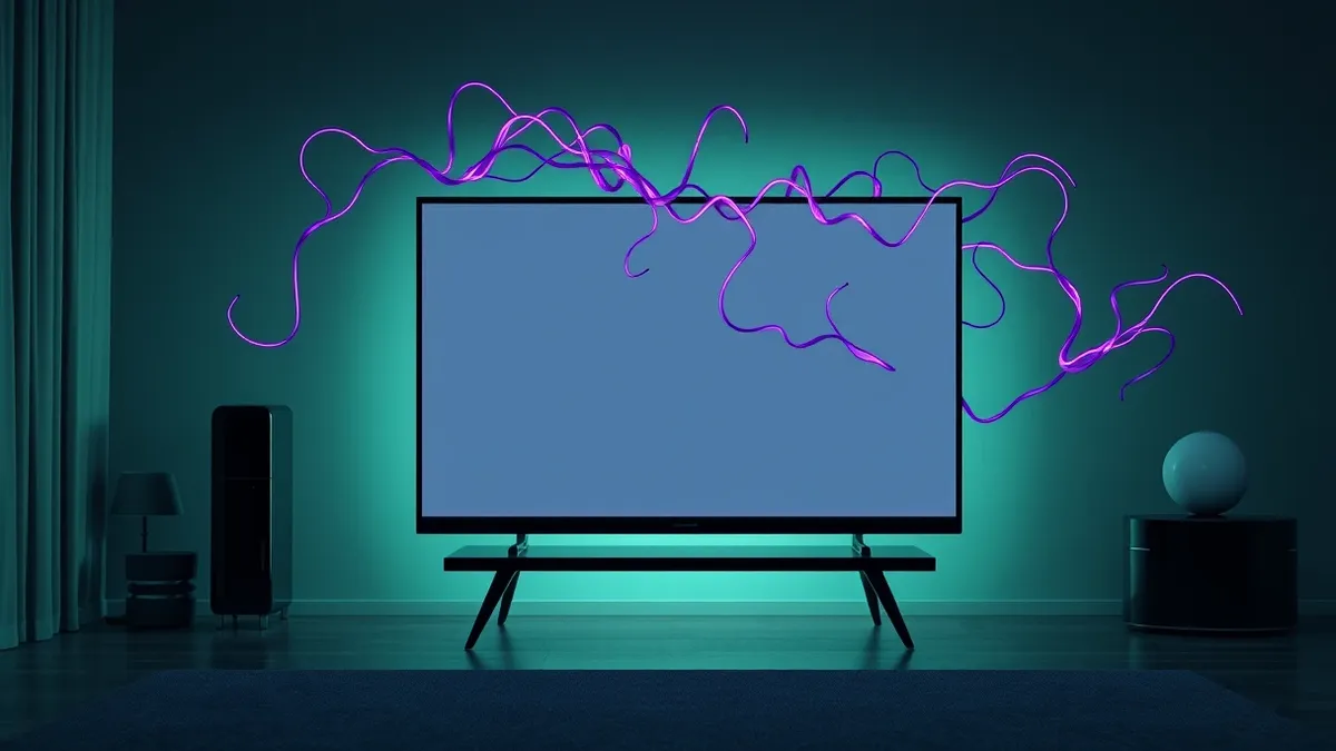 Illustration: A sleek black smart television sits on a wooden stand in a dim living room.