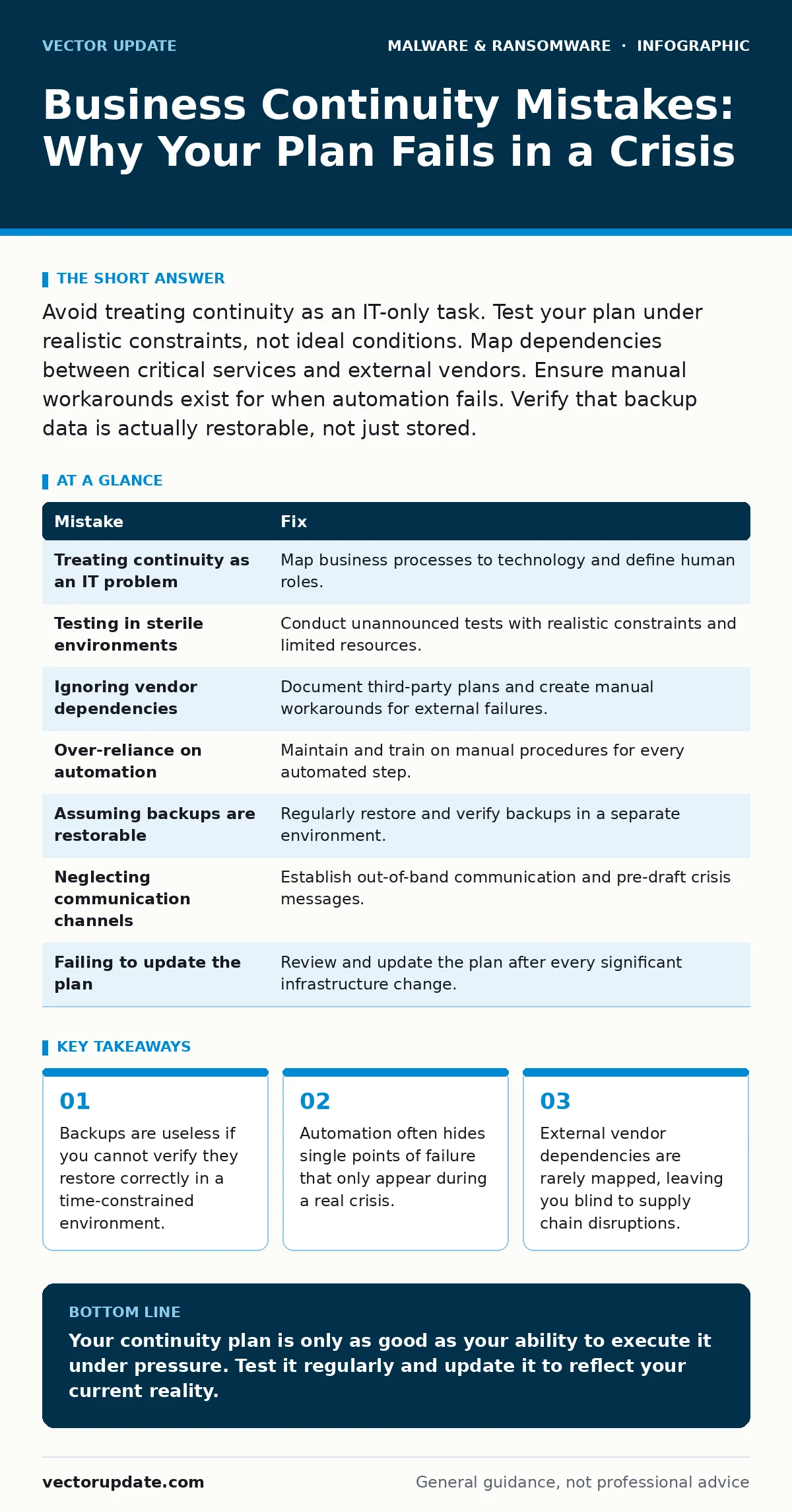 Infographic: Business Continuity Mistakes: Why Your Plan Fails in a Crisis. Backups are useless if you cannot verify they restore correctly in a time-constrained environment. Automation often hides single points of failure that only appear during a real crisis. External vendor dependencies are rarel
