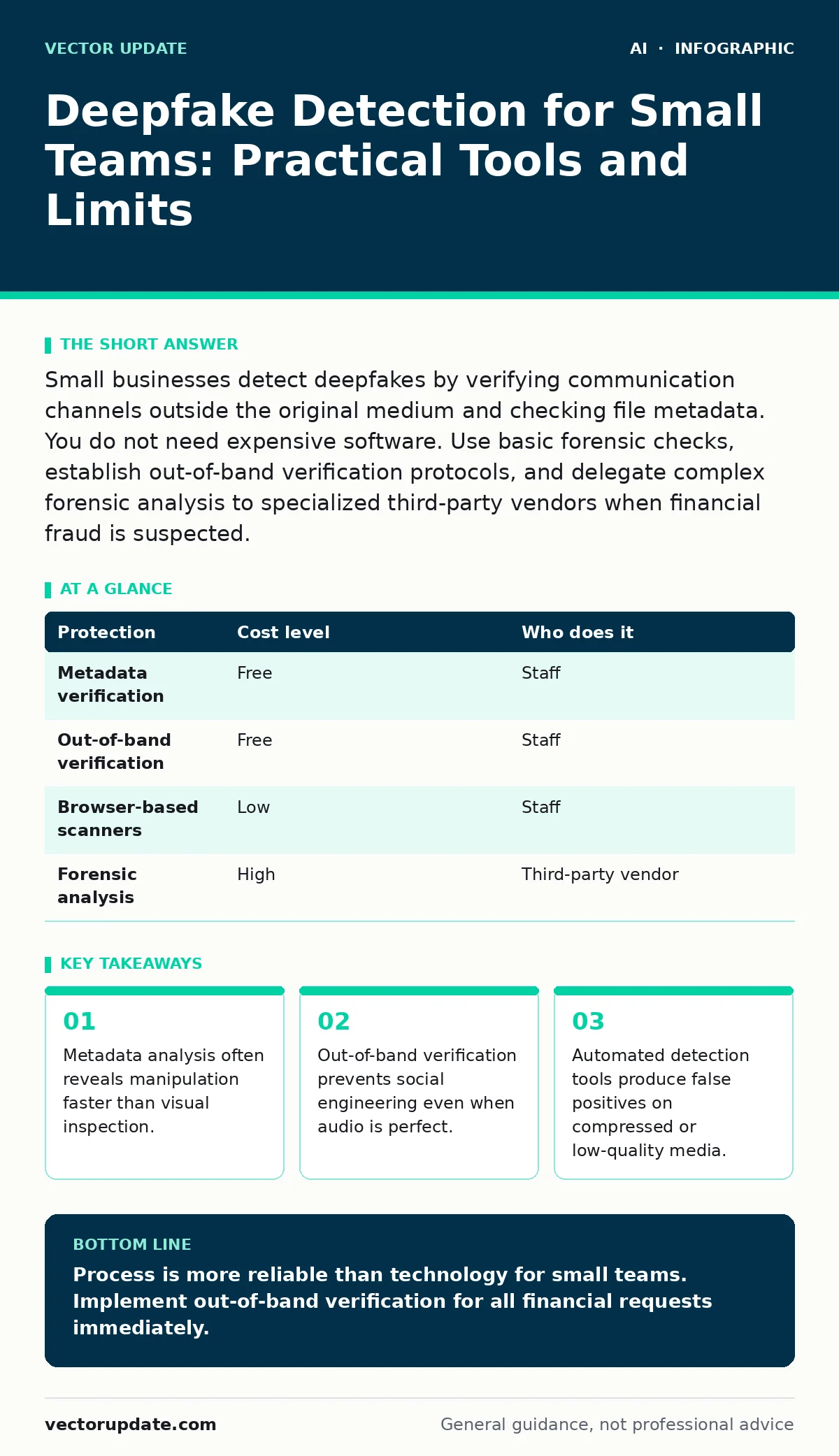 Infographic: Deepfake Detection for Small Teams: Practical Tools and Limits. Metadata analysis often reveals manipulation faster than visual inspection. Out-of-band verification prevents social engineering even when audio is perfect. Automated detection tools produce false positives on compressed or