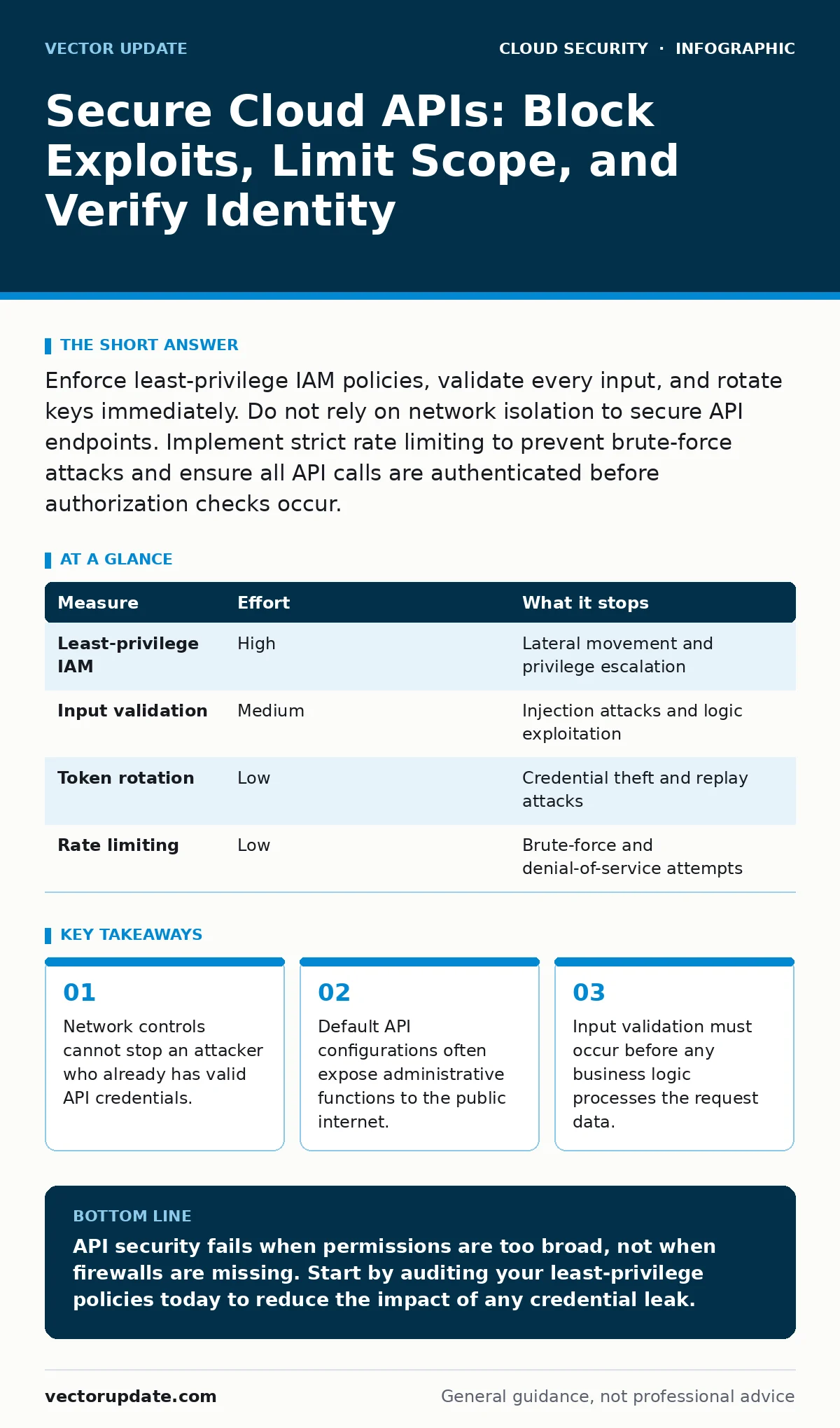 Infographic: Secure Cloud APIs: Block Exploits, Limit Scope, and Verify Identity. Network controls cannot stop an attacker who already has valid API credentials. Default API configurations often expose administrative functions to the public internet. Input validation must occur before any business l