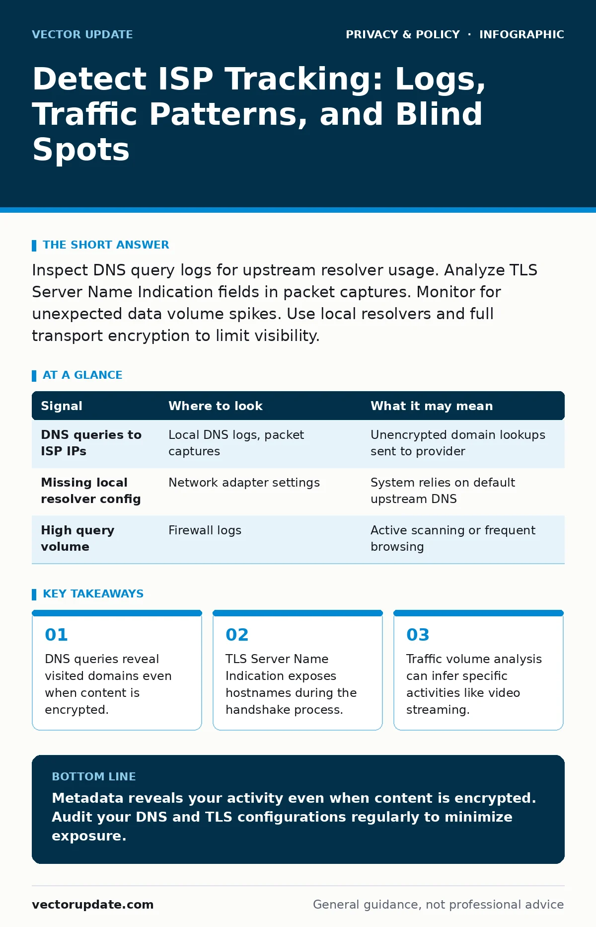 Infographic: Detect ISP Tracking: Logs, Traffic Patterns, and Blind Spots. DNS queries reveal visited domains even when content is encrypted. TLS Server Name Indication exposes hostnames during the handshake process. Traffic volume analysis can infer specific activities like video streaming.
