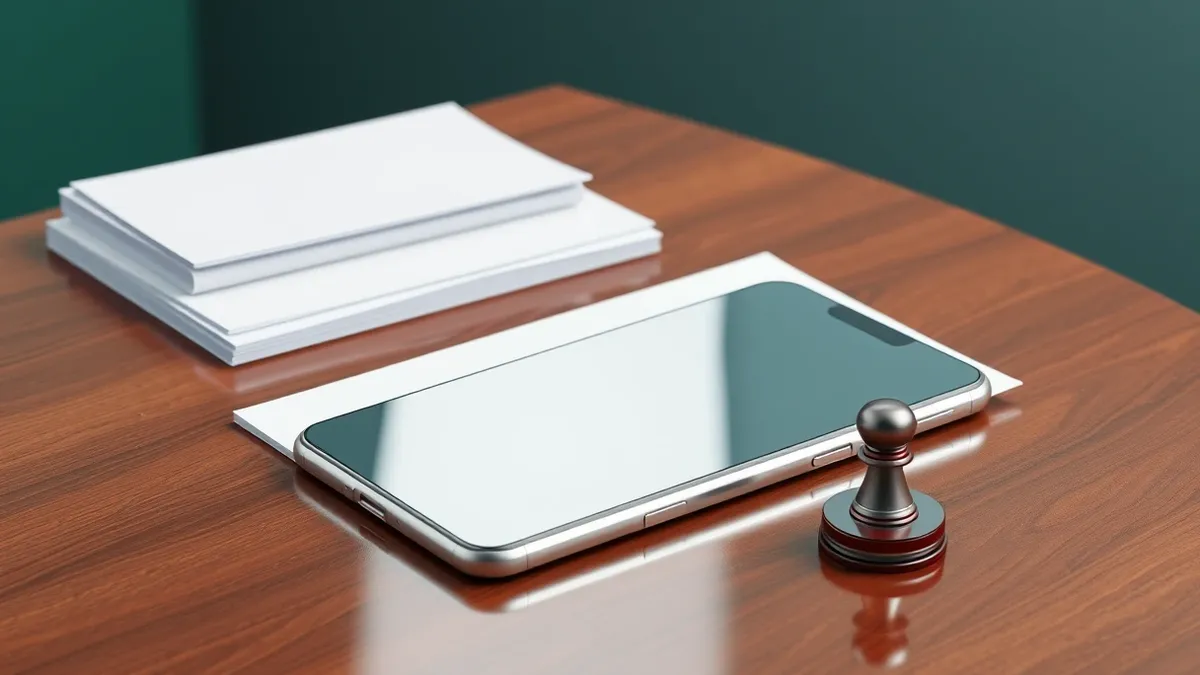 Illustration: A sleek silver smartphone rests on a polished wooden table beside a stack of blank legal documents.