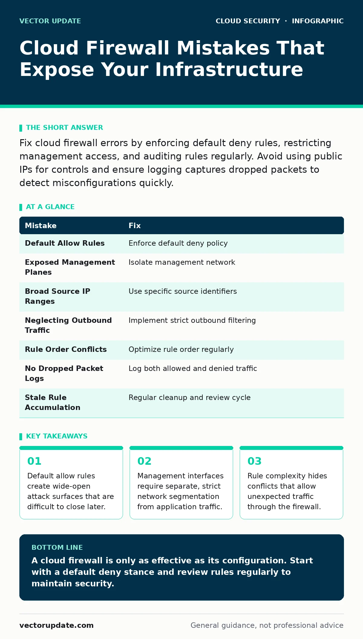 Infographic: Cloud Firewall Mistakes That Expose Your Infrastructure. Default allow rules create wide-open attack surfaces that are difficult to close later. Management interfaces require separate, strict network segmentation from application traffic. Rule complexity hides conflicts that allow unexp