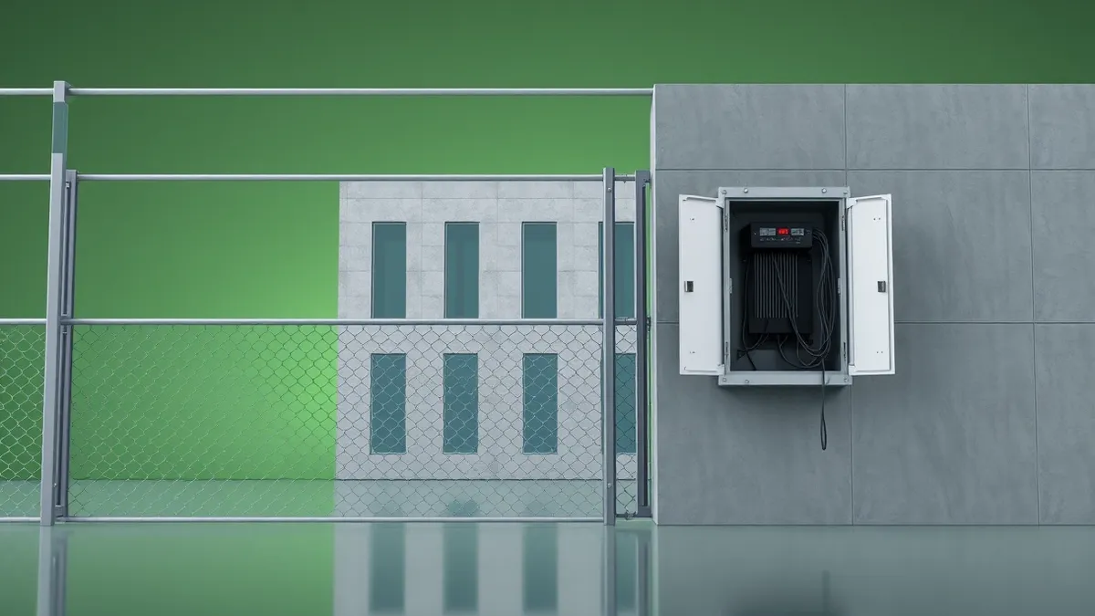 Illustration: A gray concrete government building stands behind a high chain-link fence.