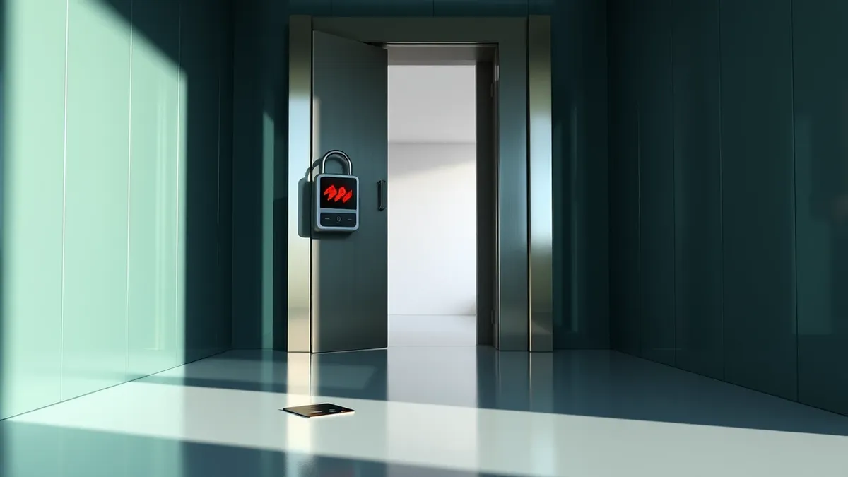 Illustration: A heavy steel office door stands slightly ajar in a dimly lit corridor.