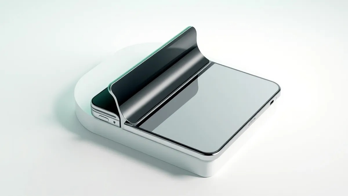 Illustration: A folded smartphone rests on a minimalist white surface, its hinge mechanism prominently displayed.