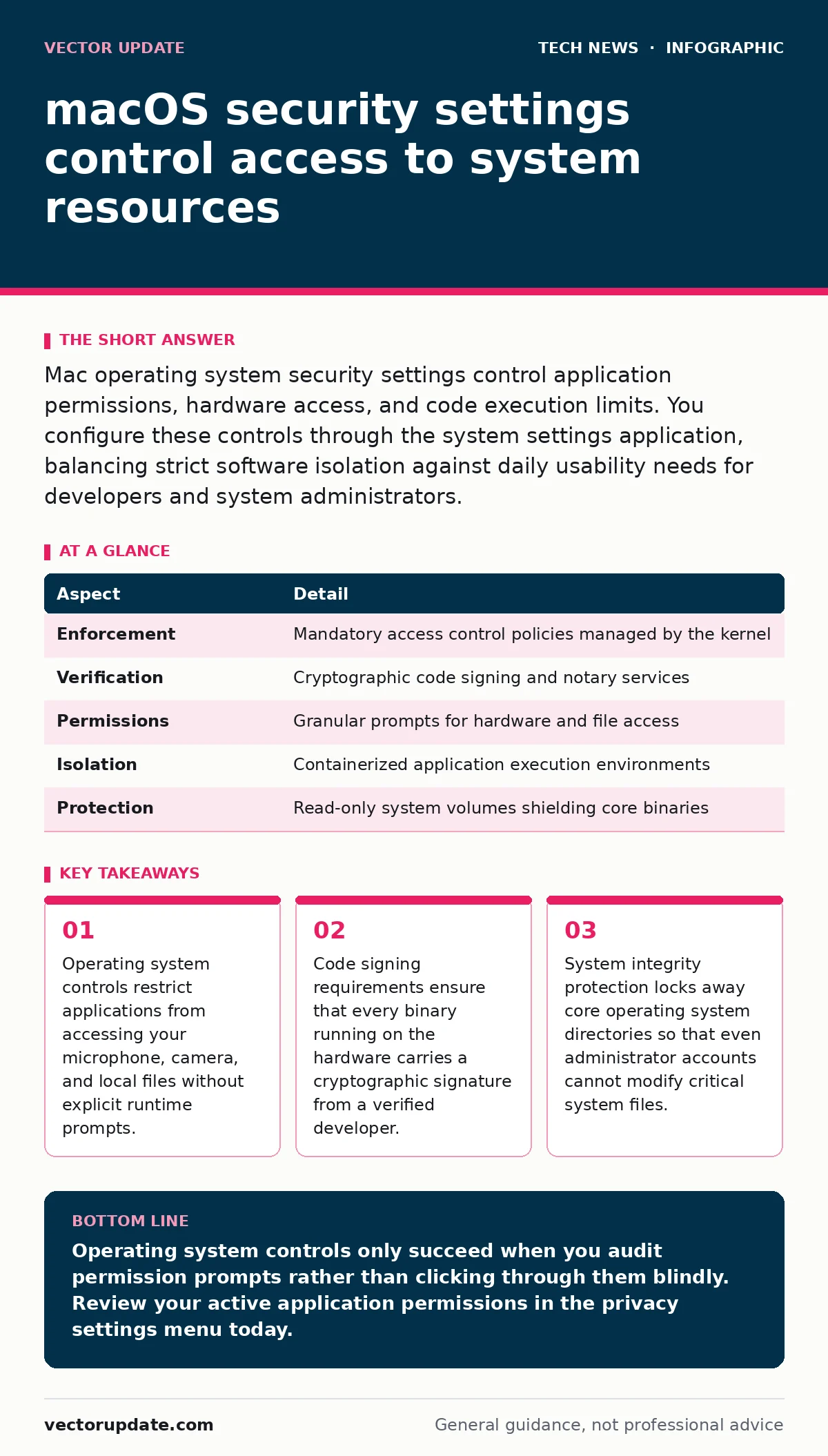 Infographic: macOS security settings control access to system resources. Operating system controls restrict applications from accessing your microphone, camera, and local files without explicit runtime prompts. Code signing requirements ensure that every binary running on the hardware carries a cryp