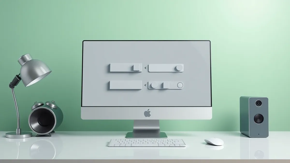 Illustration: A sleek desktop computer sits on a minimalist desk with its screen displaying a clean interface of abstract gray blocks and sliding toggle switches.