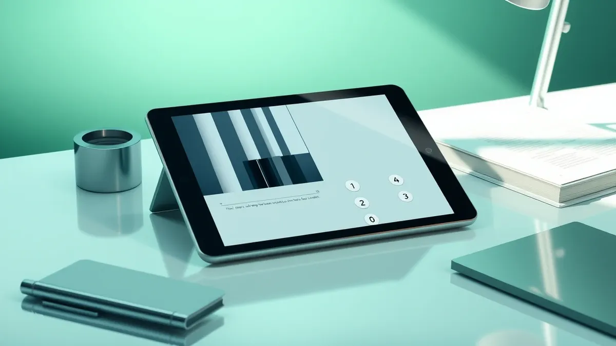 Illustration: A sleek tablet rests on a clean desk, its screen displaying a split view of abstract video bars and multiple-choice quiz bubbles.
