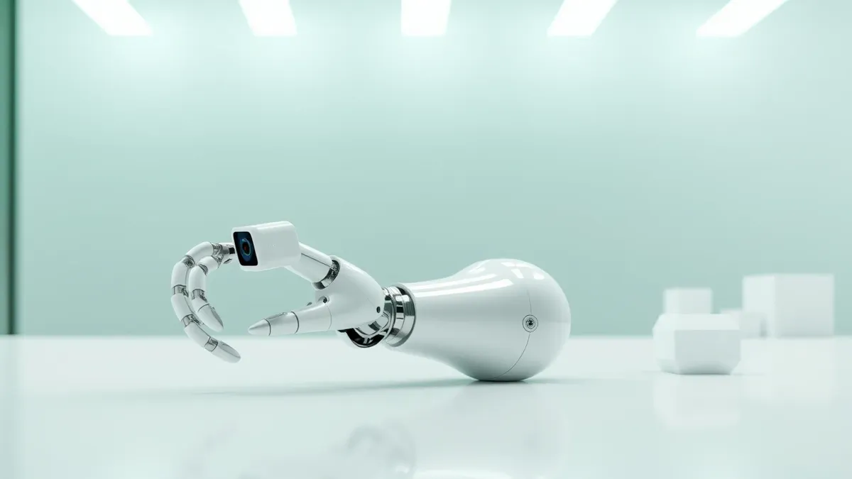 Illustration: A sleek white robot arm rests on a clean laboratory bench, its metallic joints gleaming under bright overhead lights.