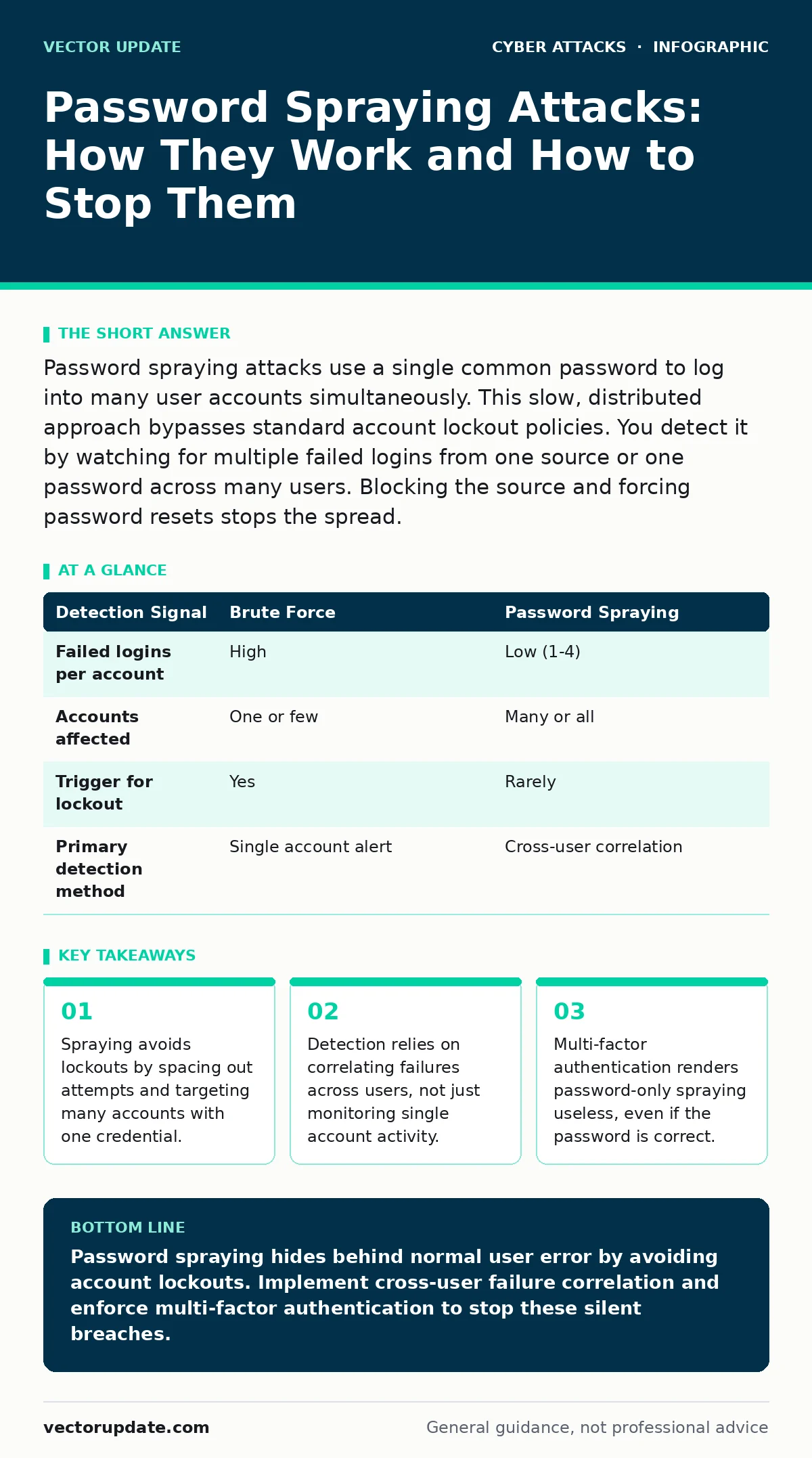 Infographic: Password Spraying Attacks: How They Work and How to Stop Them. Spraying avoids lockouts by spacing out attempts and targeting many accounts with one credential. Detection relies on correlating failures across users, not just monitoring single account activity. Multi-factor authenticatio