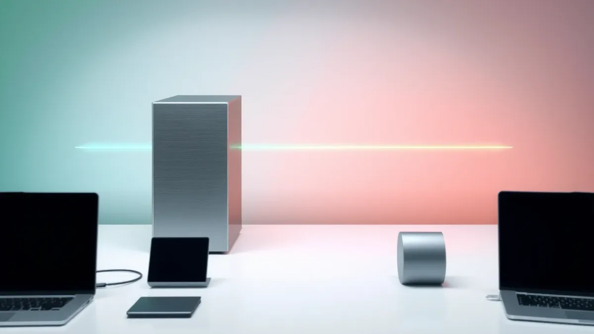 Illustration: A sleek gray server unit sits on a clean white desk, emitting thin, colored beams of light that split into two distinct paths.