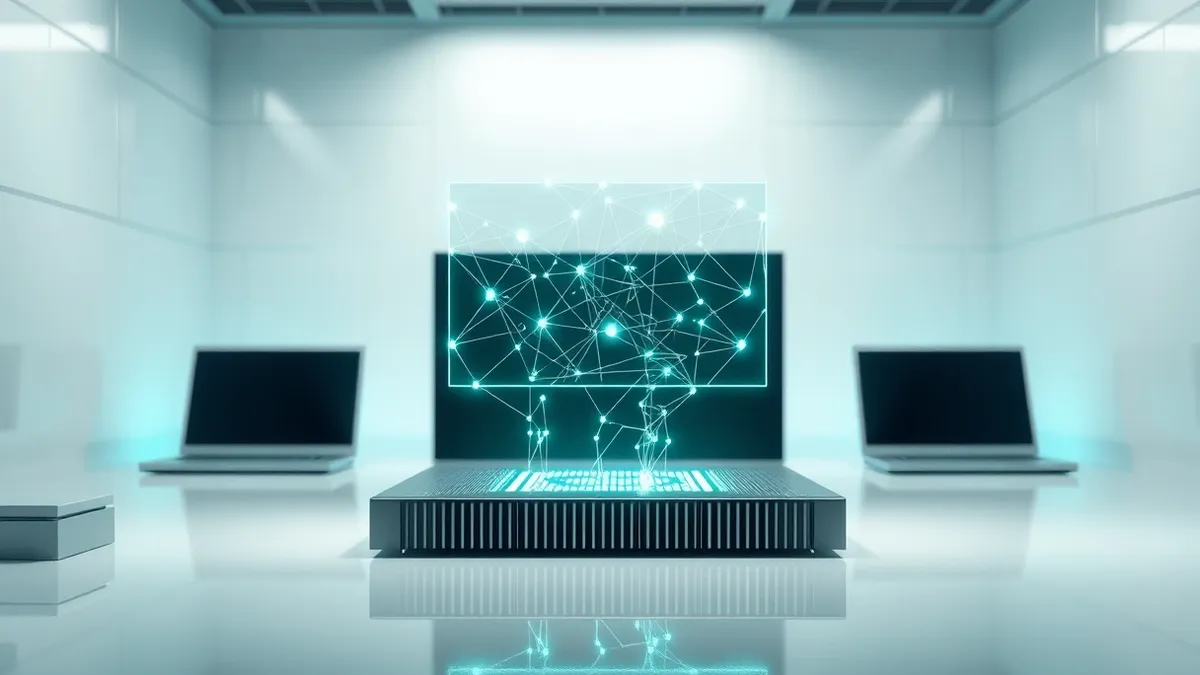 Illustration: A small, intricate network map floats above a sleek quantum computing processor.