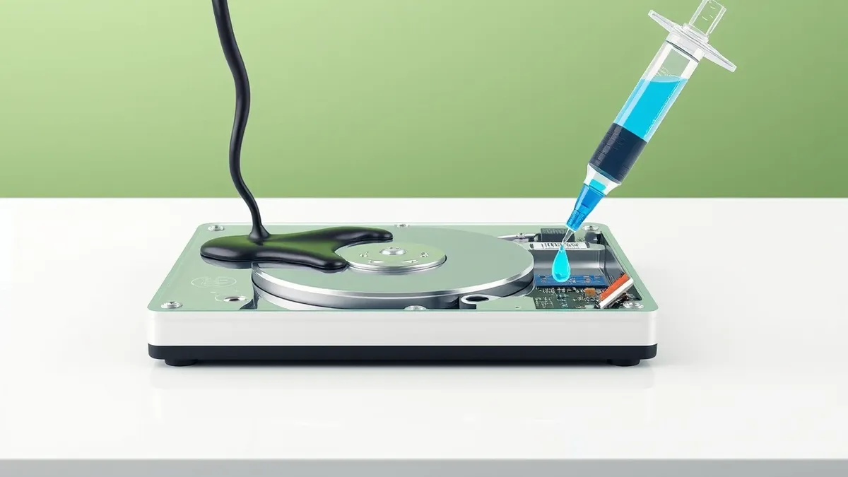 Illustration: A transparent computer hard drive sits on a clean white desk.