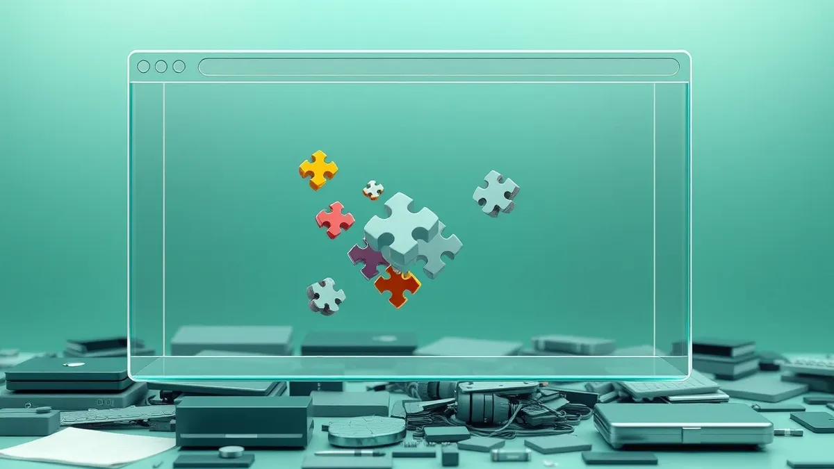 Illustration: A transparent browser window frame floats over a cluttered digital workspace.