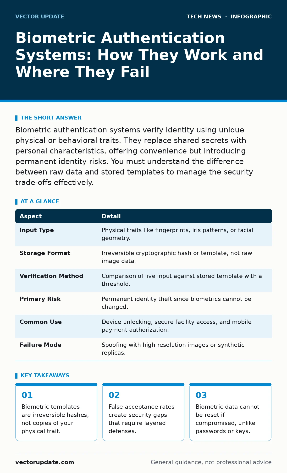 Infographic: Biometric Authentication Systems: How They Work and Where They Fail. Biometric templates are irreversible hashes, not copies of your physical trait. False acceptance rates create security gaps that require layered defenses. Biometric data cannot be reset if compromised, unlike passwords