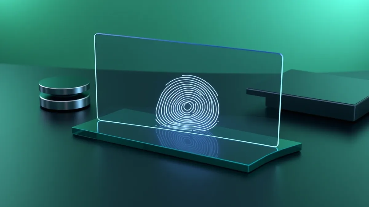 Illustration: A sleek glass panel sits on a dark desk, its surface reflecting soft ambient light.