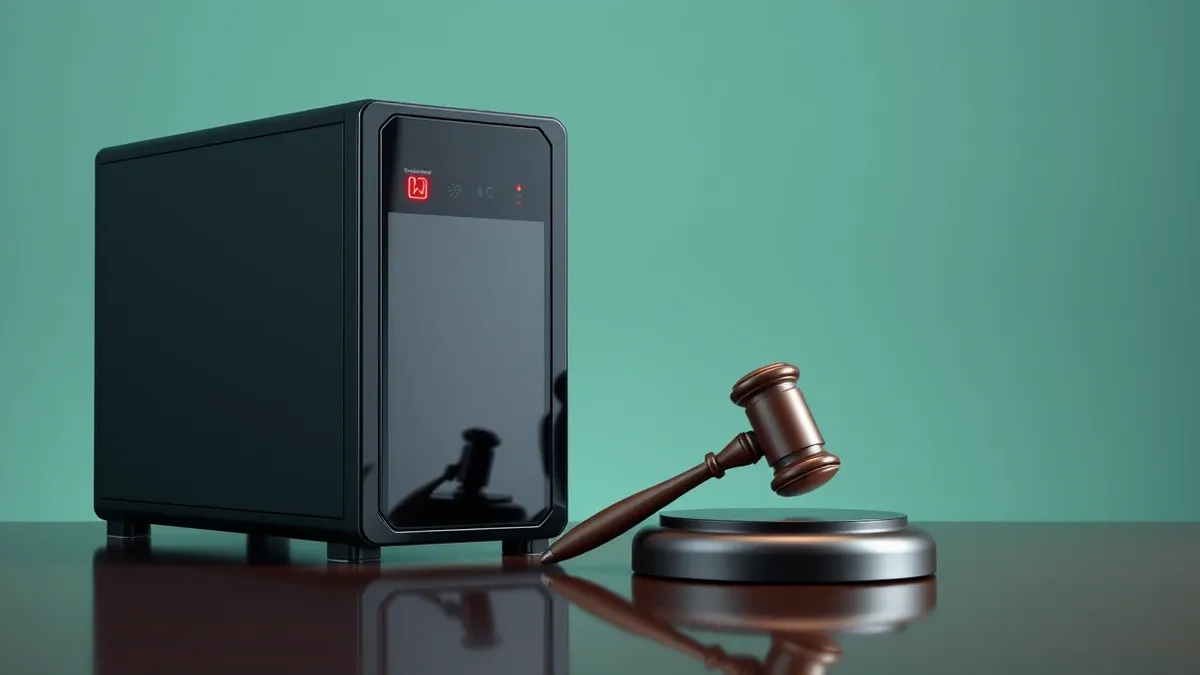 Illustration: A sleek black server tower sits beside an empty wooden gavel on a polished desk.