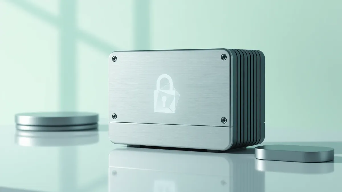 Illustration: A sleek external hard drive sits on a clean desk surface, its metallic casing reflecting soft ambient light.
