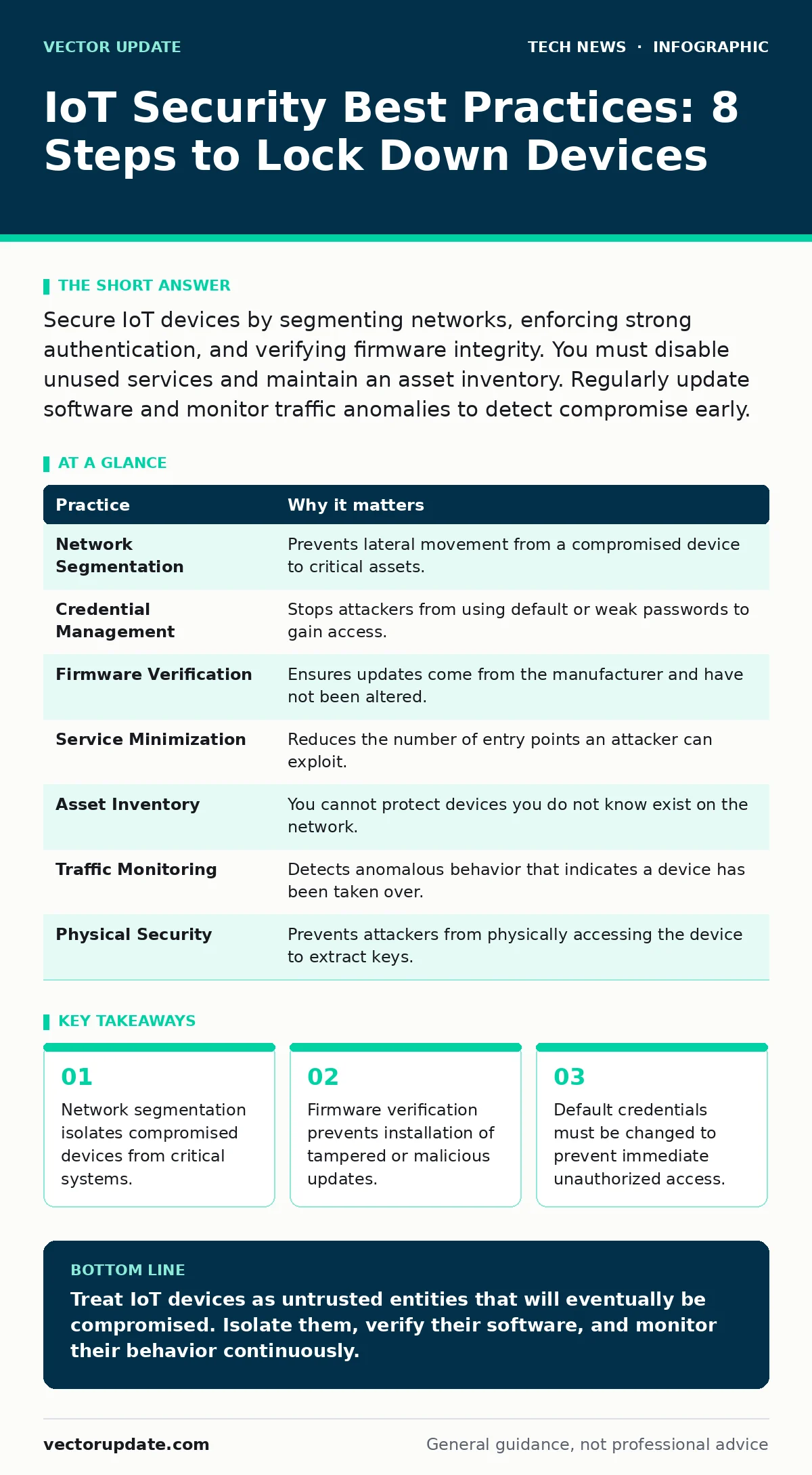 Infographic: IoT Security Best Practices: 8 Steps to Lock Down Devices. Network segmentation isolates compromised devices from critical systems. Firmware verification prevents installation of tampered or malicious updates. Default credentials must be changed to prevent immediate unauthorized access.