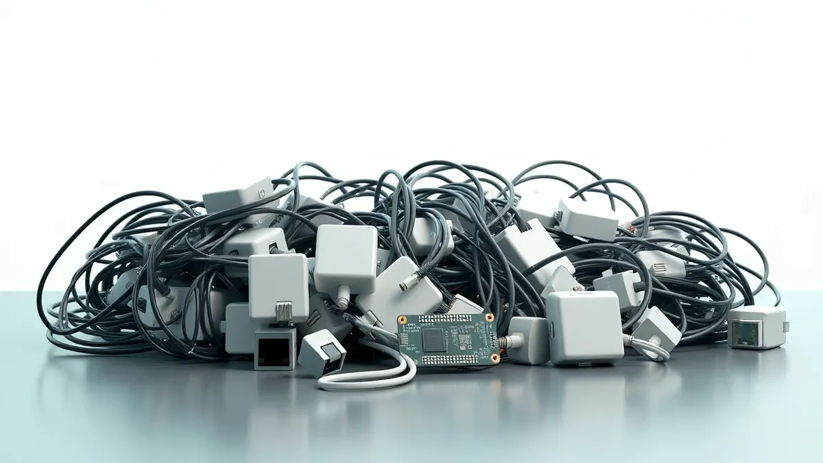 Illustration: A tangled cluster of generic smart sensors and network adapters sits on a workbench.