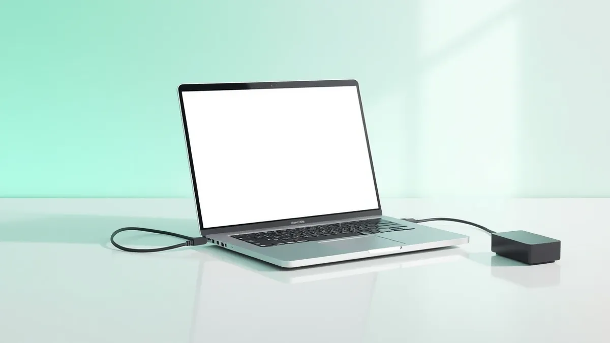 Illustration: A sleek silver laptop rests on a smooth white desk, its lid open to reveal a blank display.