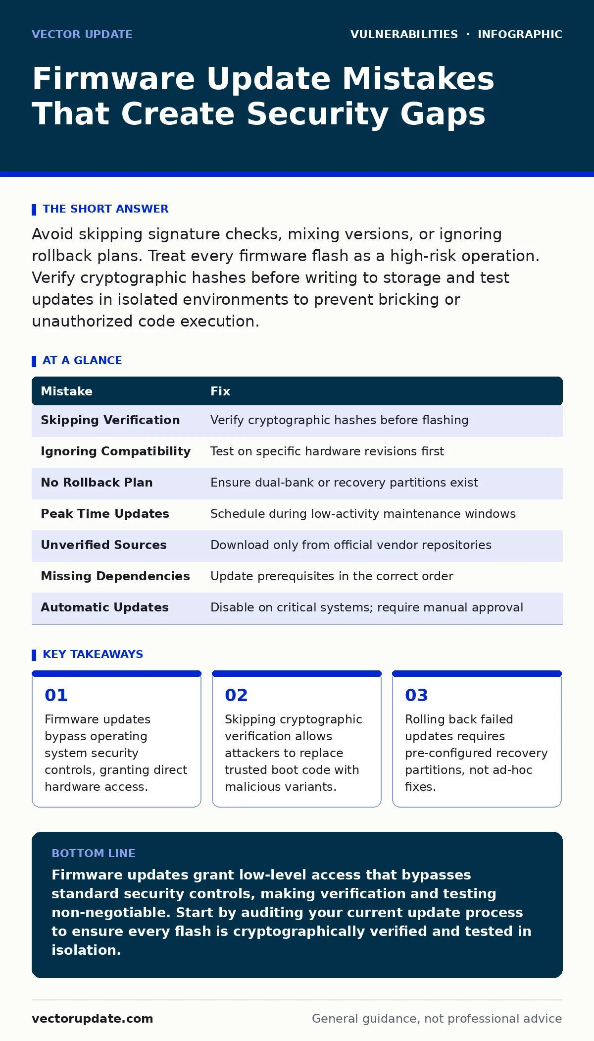 Infographic: Firmware Update Mistakes That Create Security Gaps. Firmware updates bypass operating system security controls, granting direct hardware access. Skipping cryptographic verification allows attackers to replace trusted boot code with malicious variants. Rolling back failed updates require