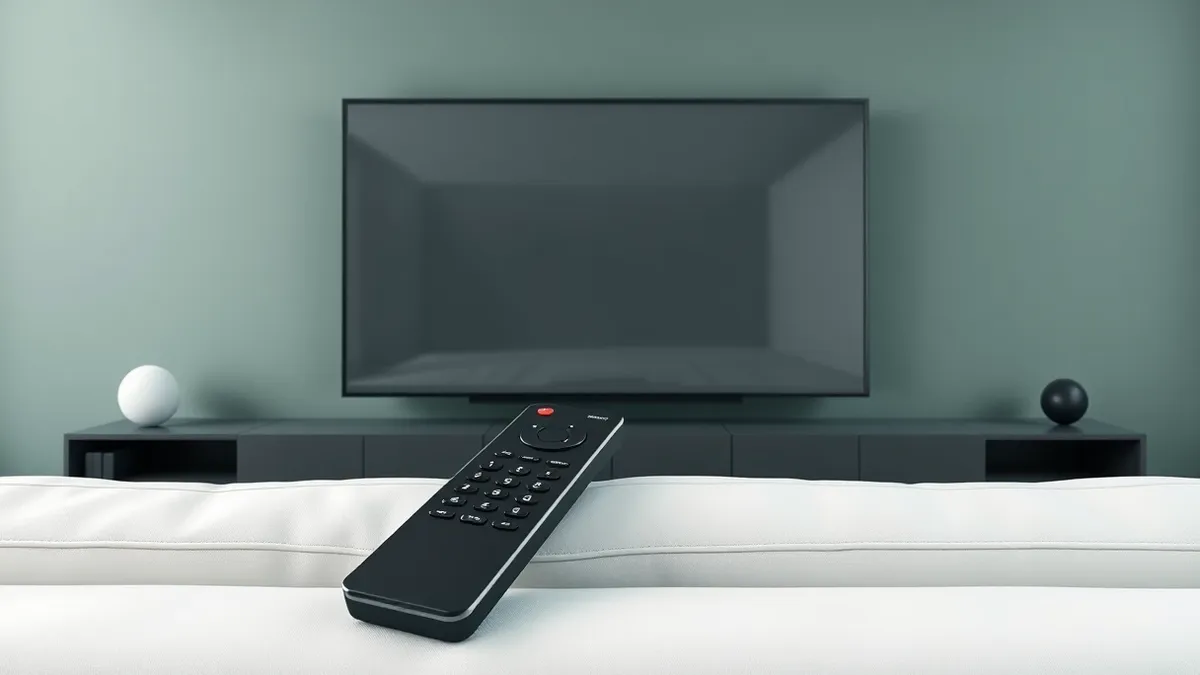 Illustration: A sleek black remote control rests on a pristine white sofa cushion, pointing at a large blank television screen.