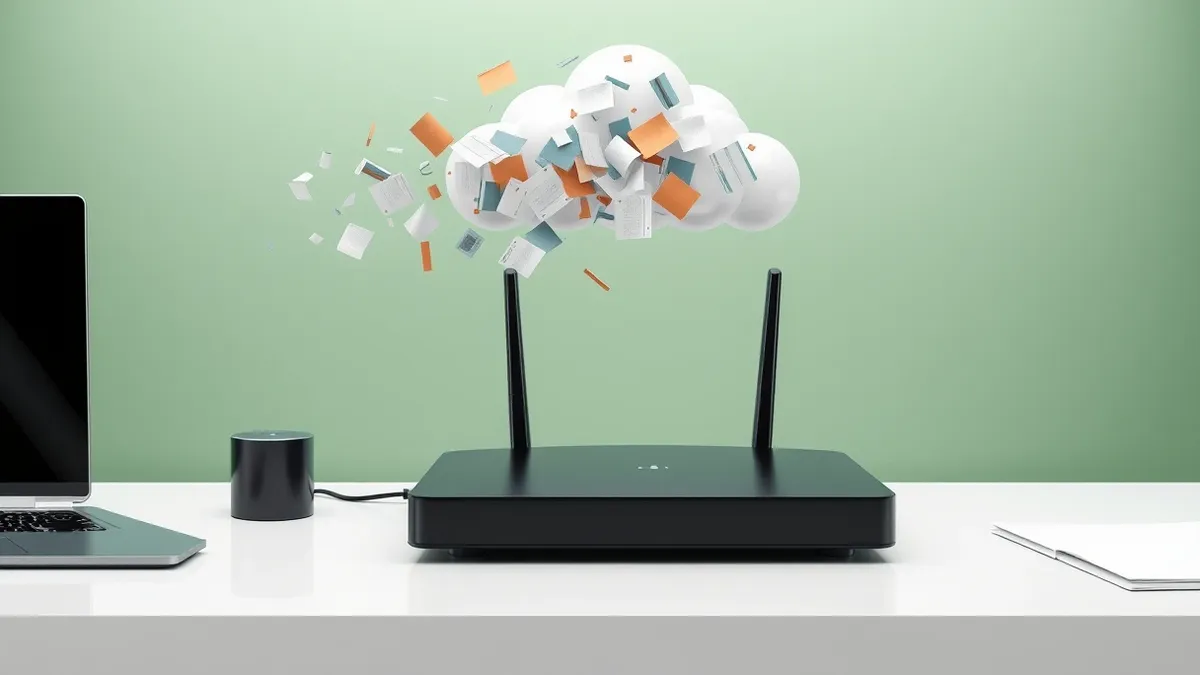 Illustration: A sleek black router sits on a clean white desk, connected by a single fiber optic cable to a floating cloud.
