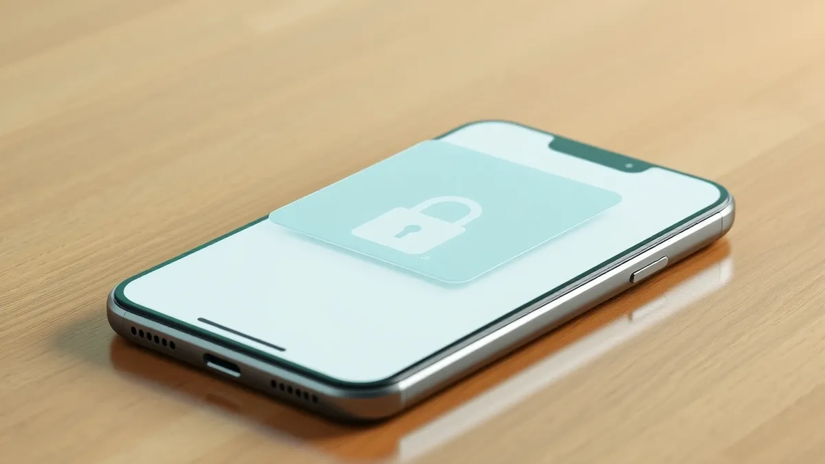 Illustration: A smartphone lies on a wooden table, its screen displaying a blank chat interface partially covered by a translucent overlay featuring a simple geometric lock icon.