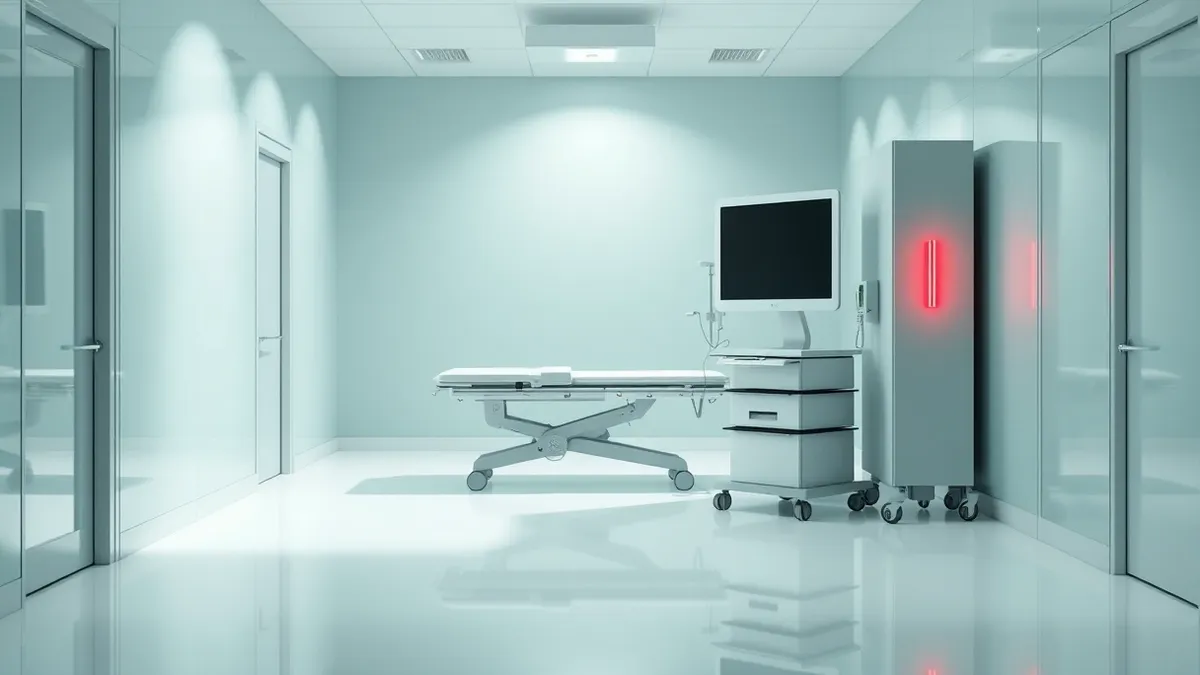 Illustration: A sterile hospital corridor features an empty examination table beside a blank digital monitor.