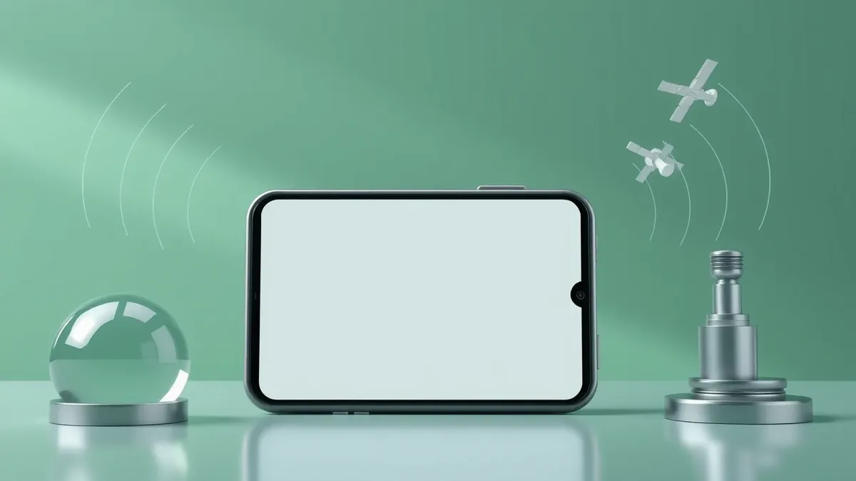 Illustration: A smartphone displays a blank map interface while invisible radio waves and satellite beams converge on its GPS chip from the sky, illustrating how the device continu